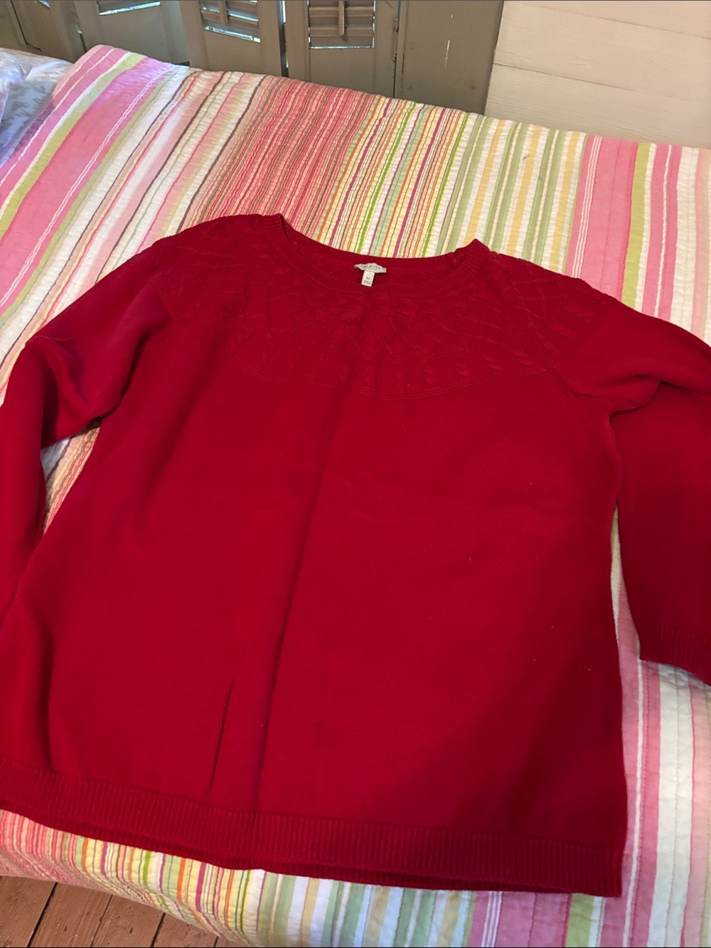 Talbots Bright Red Crewneck Sweater with Textured Yoke